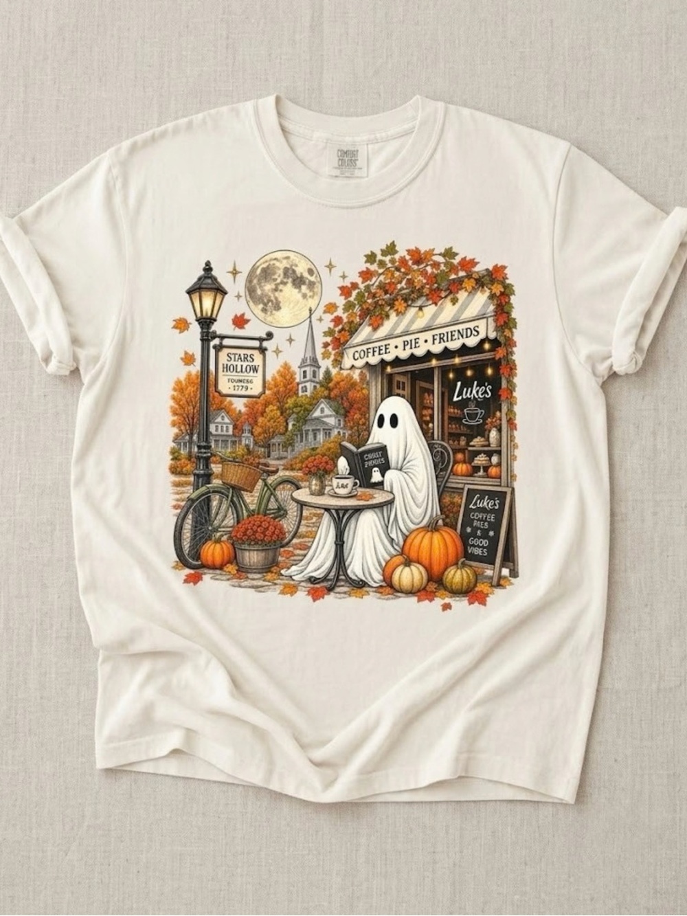Comfort Colors Ghost Reading At Moonlight Cafe Pumpkin Spooky Fall Retro Tee